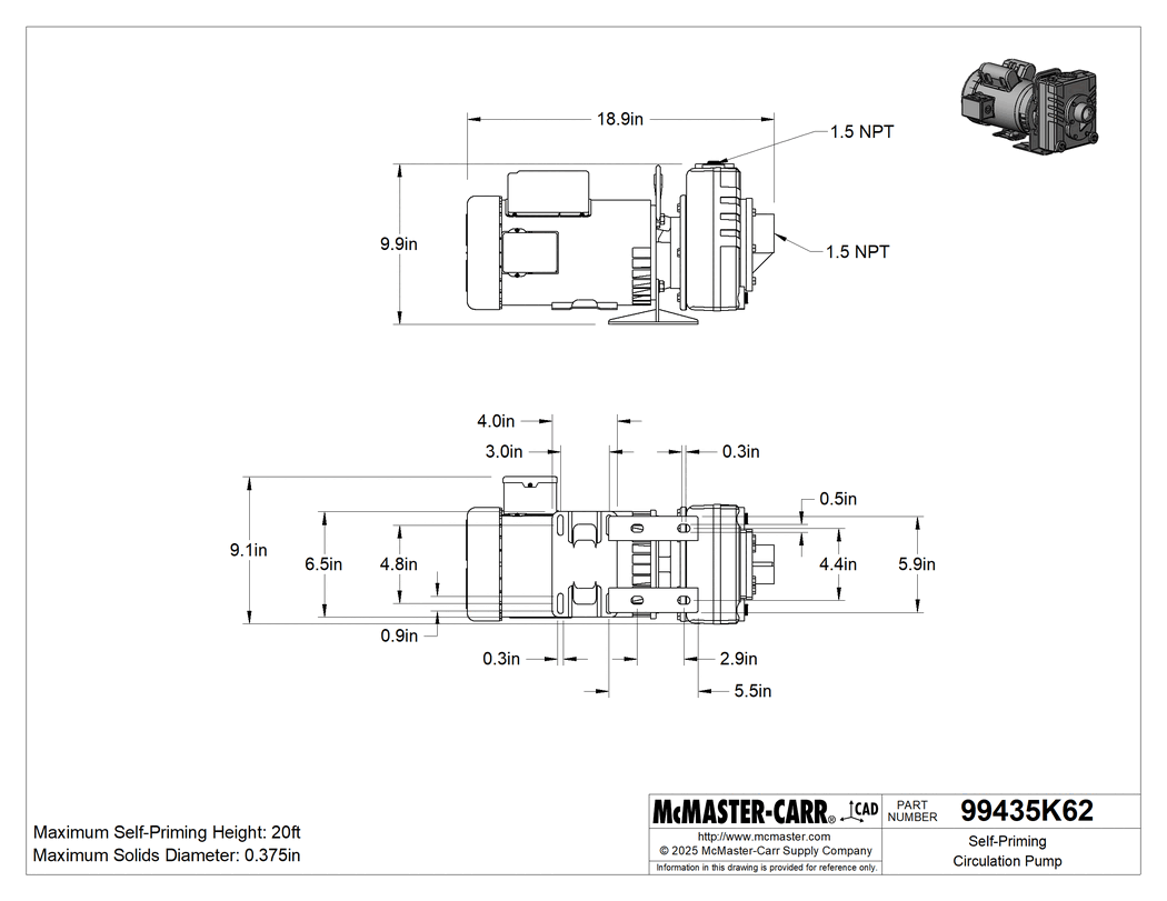 Technical Drawing of Self-Priming Circulation Pump, Harsh-Environment, 120/240V AC, 2 hp, 1-1/2 NPT Female.
